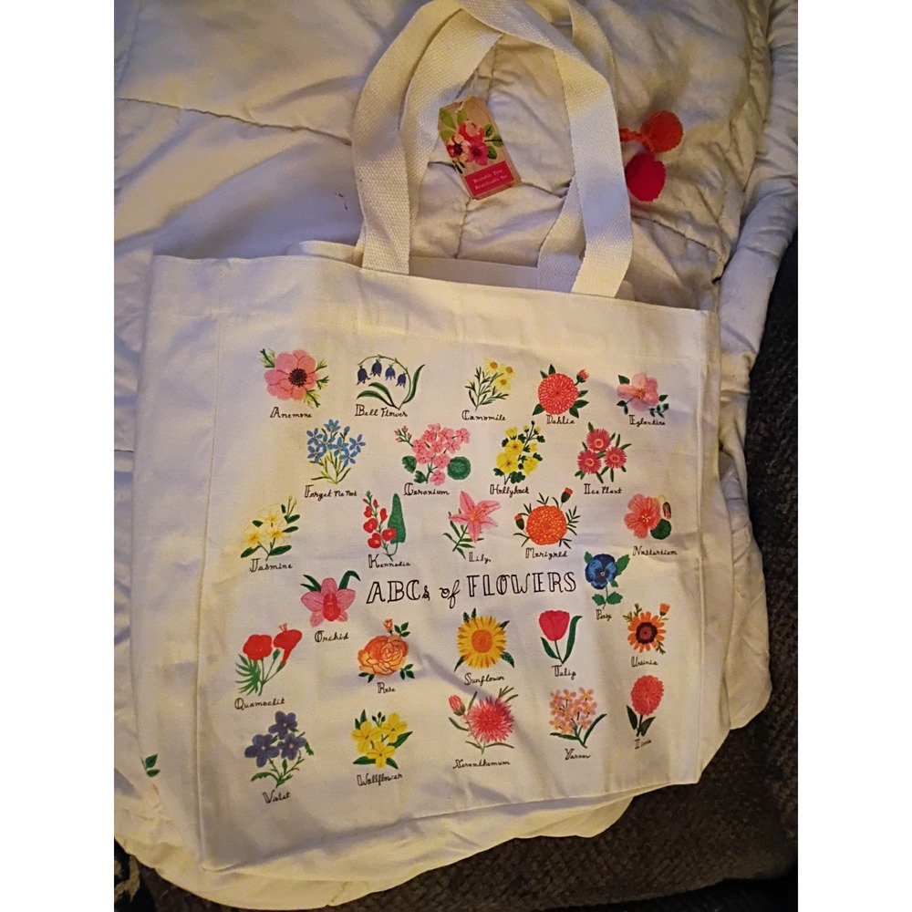 New With Tags ABC Of Flowers Reusable Tote Bag 16x16 100% Cotton